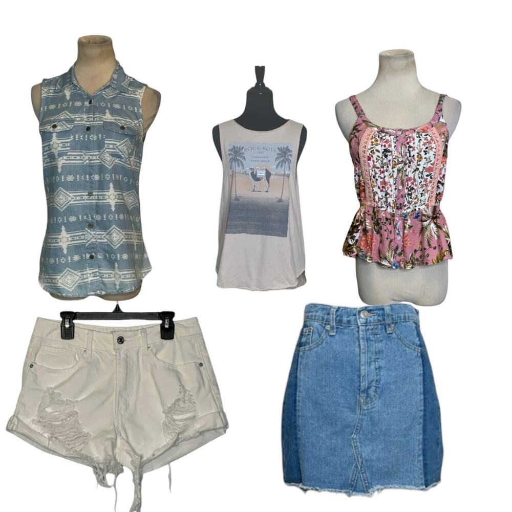 Women Summer Boho Denim Floral Tops Short Skirt Bundle of 6 Pieces size Small